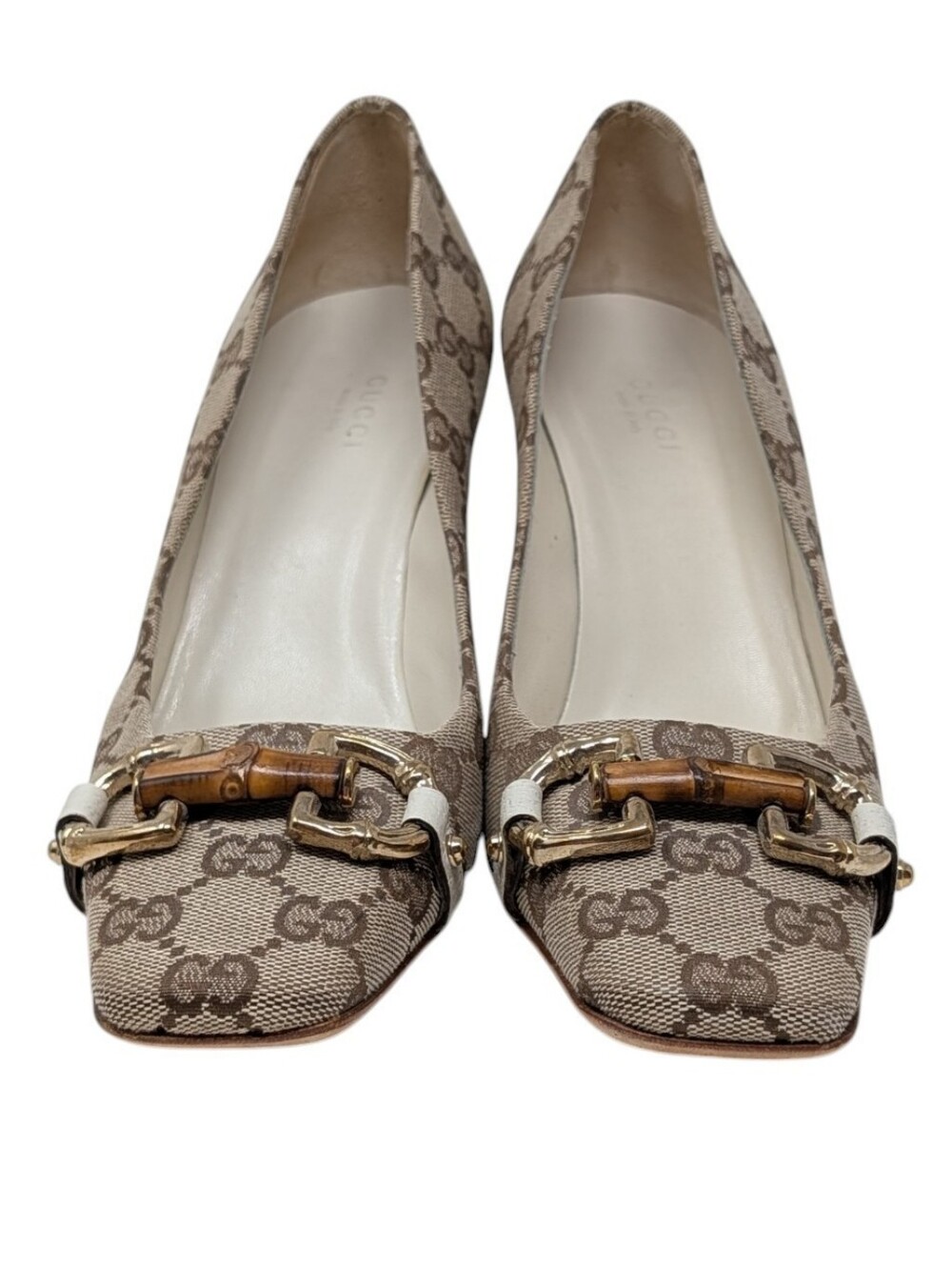 Gucci Monogram Horsebit Bamboo Square Toe Wooden Block Heel Pump Size 7.5 - Picture 7 of 10